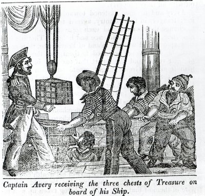 Le capitaine Avery recevant trois coffres de trésor à bord de son navire, illustration de 